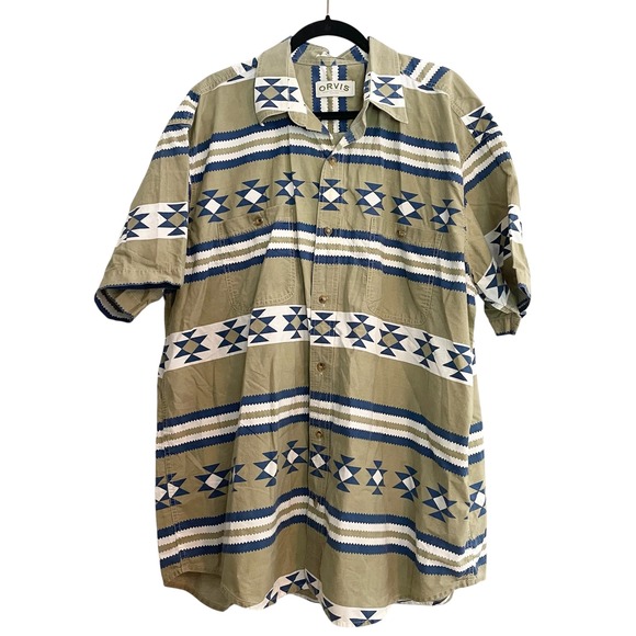 Orvis Camp Shirt Aztec Print Button Up Short‎ Sleeve Casual XXL Western Outdoor - Picture 1 of 8